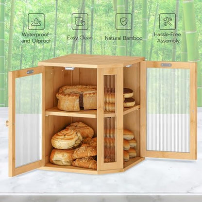 HOOBRO Bread Box, Bamboo Bread Box for Kitchen Countertop, 2-Tier Corner Bread Box, Large Capacity Bread Bin, Food Storage Box, Bread Storage Container for Kitchen, Dining Room, Natural YL12MB01