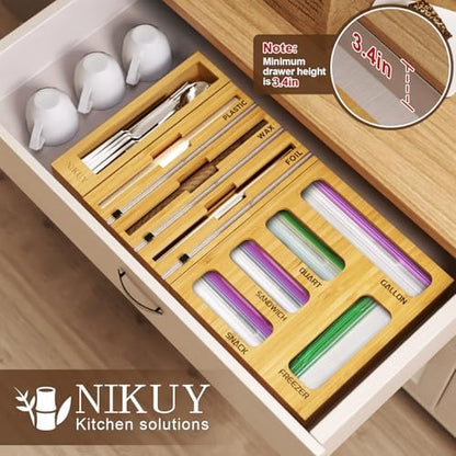 9 IN 1 Bamboo Foil and Plastic Wrap Organizer for Kitchen Drawer, Plastic Bag Organizer Organization and Storage, Food Storage Bag Organizer with Labels for Quart Gallon Snack Sandwich Bag