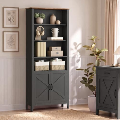 VASAGLE Farmhouse Bookshelf, 6-Tier Bookcase with Doors