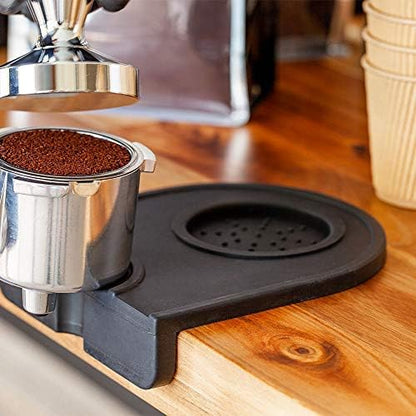 Restaurantware Restpresso 5.3 x 4.75 Inch Tamping Mat 1 Anti-Slip Espresso Mat - With Tamper Holder & Portafilter Slot For Barista Home Kitchen Office Or Bar Black Silicone Coffee Tamper Mat