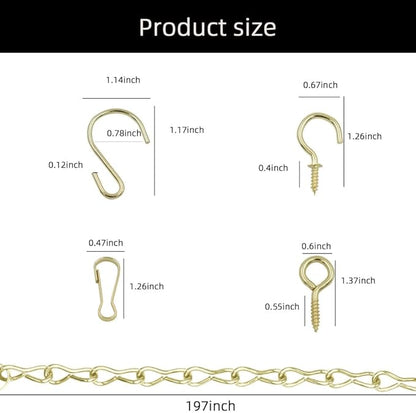 236 Inch Gold Hanging Baskets Chains - Adjustable Length, Brass Decorative Metal Chain with A Great Assortment of Hooks for Hanging Bird Feeders Planters Baskets Billboards Ornaments, Chain Hooks DIY