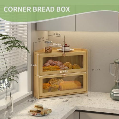 JANSNIMEN Corner Bread Box for Kitchen Countertop Bamboo Bread Holder