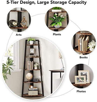 Tribesigns 70 inch Tall Corner Shelf, 5 Tier Rustic Corner Bookshelf Bookcase Industrial Corner Ladder Shelf Plant Stand for Living Room, Kitchen, Home Office (Brown)