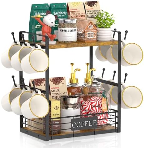 EsLuker.ly Coffee Mug Cup Holder Tree Bar Station Organizer, 2 Tier Mug Stand Rack for Countertop Kitchen, Storage Tower Display Shelf with 12 Hooks, Coffee Nook Enhancer, Vintage Brown Black