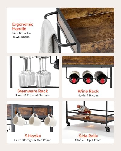 VEVOR Bar Cart with Wheels, 3-Tier Rolling Serving Cart, 26.77-Inch Beverage Station with Wine Rack, Glass Holder and S Hooks for Home Kitchen, Rustic Brown and Black