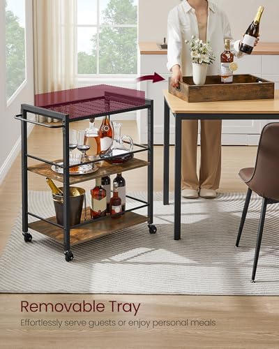 VASAGLE Bar Cart with Wheels, Drink Cart with Wine Rack and Glass Holder