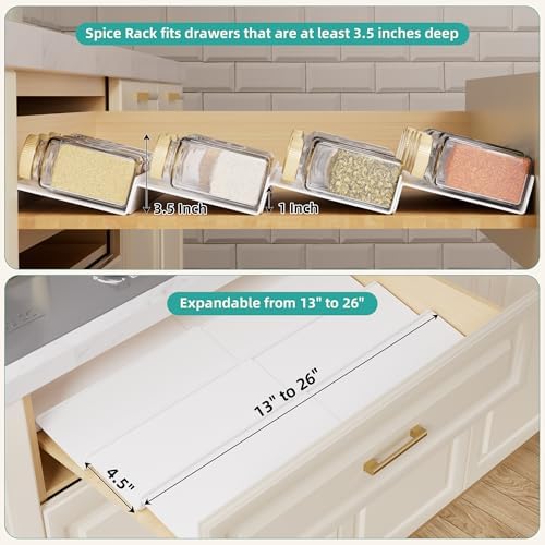MIUKAA White Spice Drawer Organizer, 4 Tier - 8 Pack Seasoning Organizer for Drawer, Expandable From 13" to 26" Kitchen Drawer Spice Rack (Jars not Included)