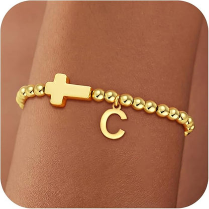 Gold Initial Bracelets for Women Girls - 18K Gold Plated Cross Initial Bracelet Dainty Beaded Bracelet Gold Bracelets for Women Teen Girl Gifts