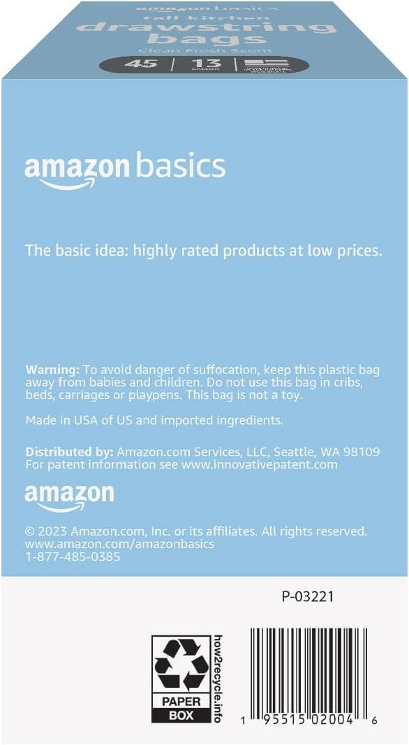 Amazon Basics Tall Kitchen Drawstring Trash Bags, Clean Fresh Scent, 13 Gallon