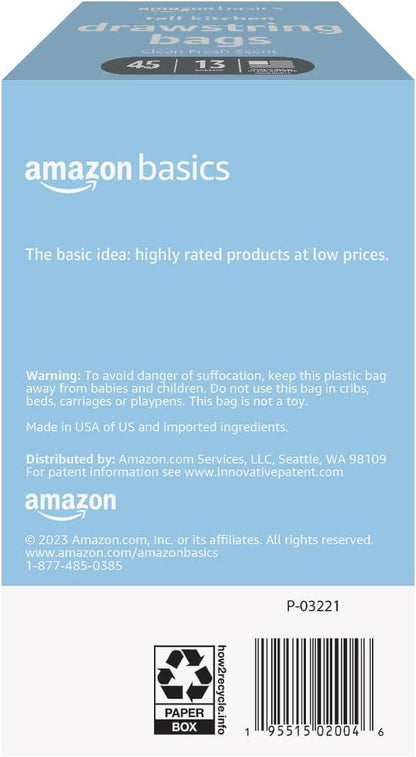 Amazon Basics Tall Kitchen Drawstring Trash Bags, Clean Fresh Scent, 13 Gallon