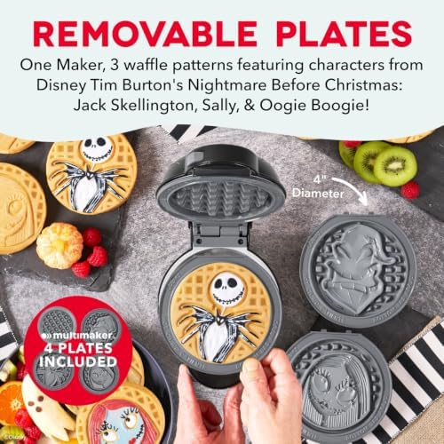 Disney | Dash Nightmare Before Christmas MultiMaker® Mini Waffle Maker with Removable Plates, Ceramic Nonstick Waffle Iron, Jack Skellington, Sally & Oogie Boogie, Indicator Light, Recipe Guide