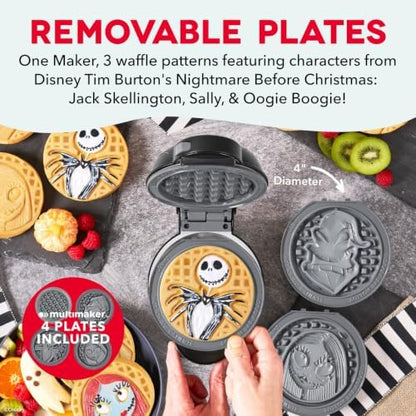 Disney | Dash Nightmare Before Christmas MultiMaker® Mini Waffle Maker with Removable Plates, Ceramic Nonstick Waffle Iron, Jack Skellington, Sally & Oogie Boogie, Indicator Light, Recipe Guide