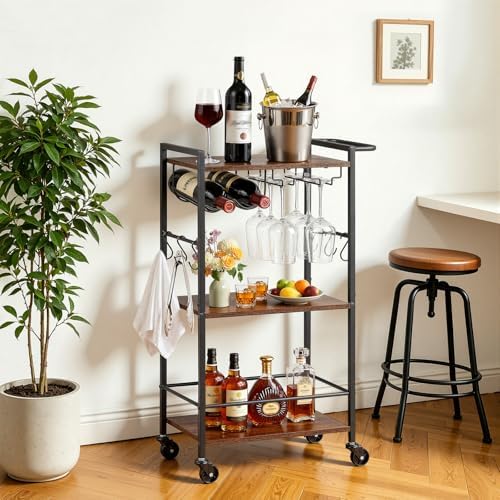 VEVOR Bar Cart with Wheels, Small Narrow 3-Tier Rolling Serving Cart, 20.08-Inch Beverage Station with Wine Rack, Glass Holder and S Hooks for Small Spaces, Rustic Brown and Black