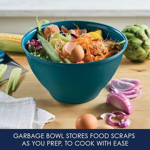 Rachael Ray Tools and Gadgets Kitchen Prep, Garbage Bowl with Lid, Bench Scrape, Veggie Peeler, 4 Piece Food Prep Set - Marine Blue