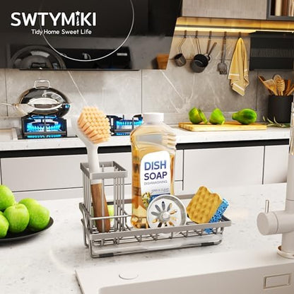 SWTYMIKI Sink Caddy Sponge Holder - Kitchen Sink Organizer with High Brush Holder for Countertop to Hold Dish Soaps and Sponges, Stainless Steel, Sand Nickel