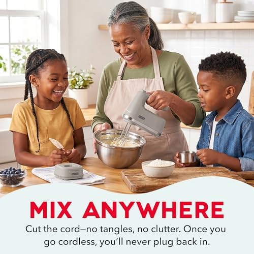 Dash Cordless Hand Mixer, Beaters & Dough Hooks, French Grey