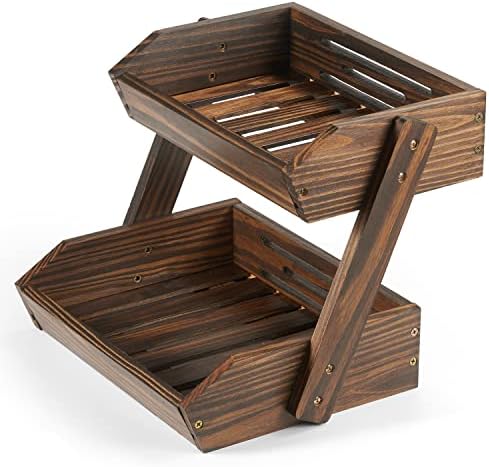 Large Capacity 2-Tier Wooden Fruit Basket, Durable Acacia Wood, 10.5" Tall, Spacious for Produce, Vegetables, Bread Storage and Home Kitchen Countertop