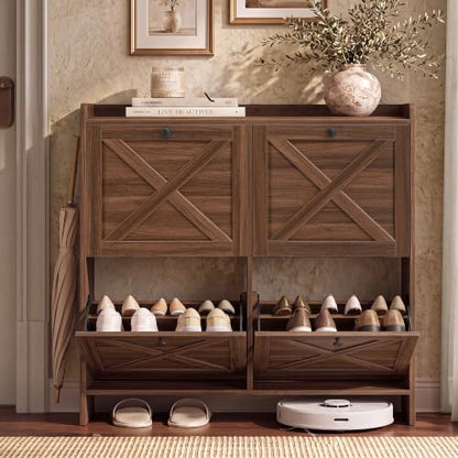 VASAGLE Narrow Shoe Storage Cabinet Organizer with 4 Flip Drawers
