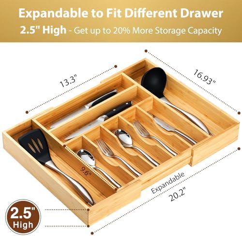 Umilife Large Expandable Kitchen Silverware Utensils Drawer Organizer, 2.5" Extra High Adjustable Drawer Divider with Curved Grooves, Bamboo Wood Cutlery Tray Flatware Holder