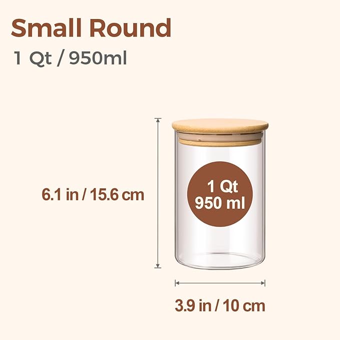 ComSaf 1 Qt Glass Storage Containers with Lids, Glass Jars with Lids, Clear Food Storage Jar, Round Canister Set of 6, Pantry Organizers for Cookie Pasta Flour Rice Tea Coffee Bean