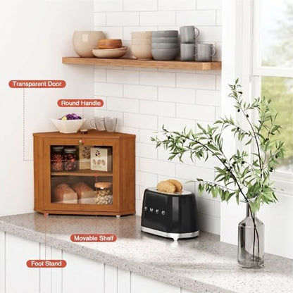Goozii Walnut Brown Corner Bread Box for Kitchen Countertop, Double Layer Breadbox for Homemade Sourdough Bread, Dark Wooden Vintage Kitchen Counter Cabinet for Baked Goods, Tea, Coffee Beans