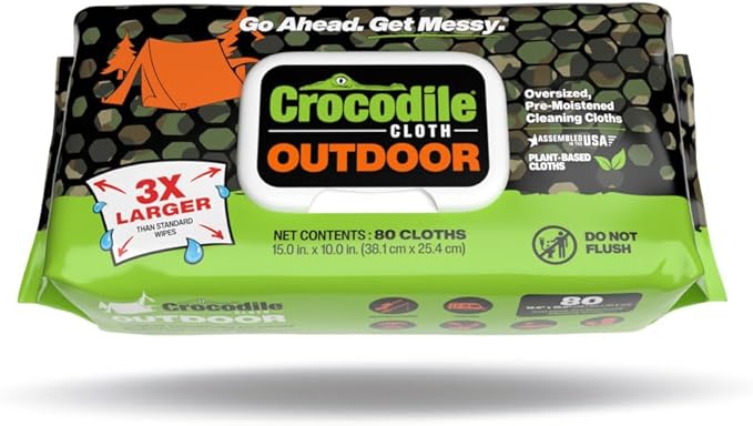 Crocodile Cloth Outdoor Cleaning Wipes ??8 Packs/640 Total Count Plant-Based Cloths (15"x10"), Skin Safe, Pre-Moistened, Aloe & Vitamin E Infused, Large, Absorbent, Multi-Surface Disposable Wipes