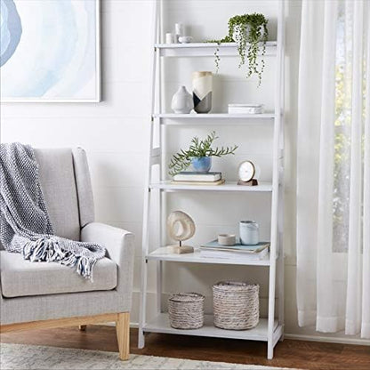 Amazon Basics 5-Tier Ladder Bookshelf Storage Organizer for Small Space, Easy to Assemble, Solid Rubberwood Frame, White Finish, 14D x 24.8W x 70.1H in