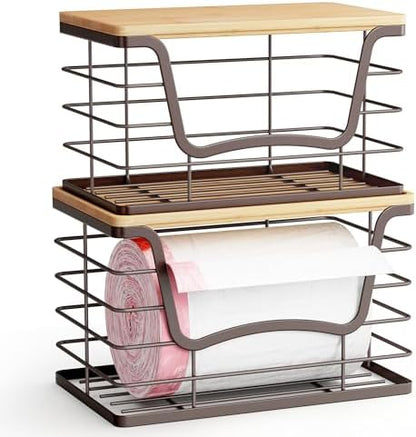 ALOCEO 2 Pack Stackable Wire Storage Basket with Bamboo Lid, Stainless Steel Extra Large Trash Bag Dispenser Roll Holder for Kitchen Sink, Laundry, Pantry Organizer and Storage, Brown