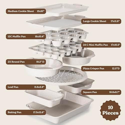 Country Kitchen Nonstick Stackable Bakeware Set - Heavy Duty, Durable, Easy Release Baking Set, Cream, 10 Pcs