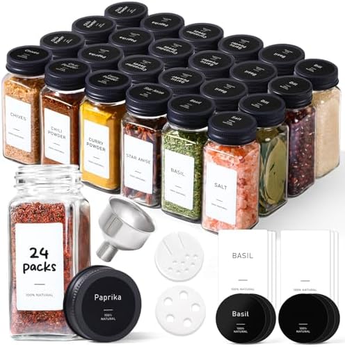 ComSaf Glass Spice Jars with with Labels 4 oz 24 Pack Small Square Bulk Set