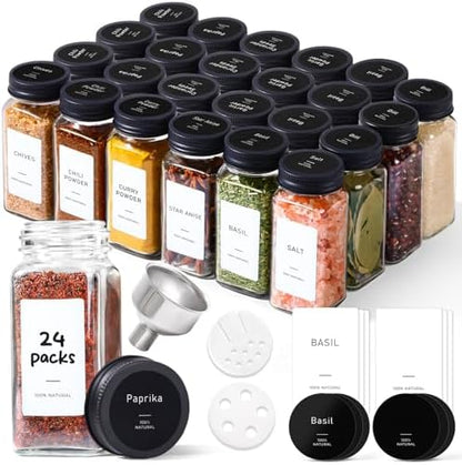 ComSaf Glass Spice Jars with with Labels 4 oz 24 Pack Small Square Bulk Set