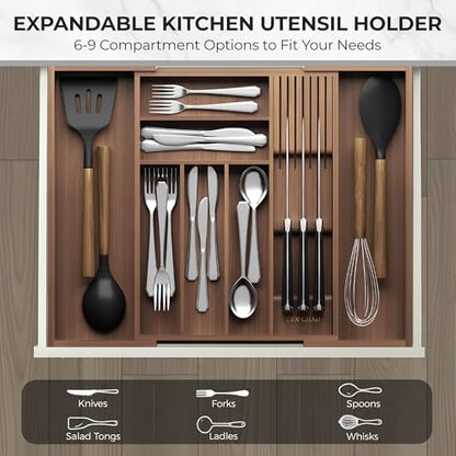 TIOPGHAD Expandable Bamboo Silverware Organizer with Knife Block, Brown