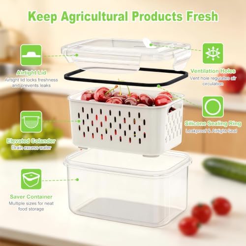 4Pack Fruit Storage Container for Fridge with Removable Colander and Vent