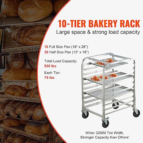 VEVOR 10-Tier Bun Pan Rack, Aluminum Racking Trolley Storage with Brake Wheels, Commercial Bakery Racks for Half & Full Sheet, Speed Rack For Kitchen Home, Bread Baking Equipment, 26"L x 20.3"W x 39"H