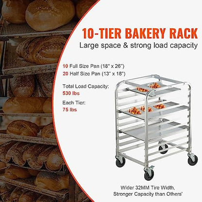 VEVOR 10-Tier Bun Pan Rack, Aluminum Racking Trolley Storage with Brake Wheels, Commercial Bakery Racks for Half & Full Sheet, Speed Rack For Kitchen Home, Bread Baking Equipment, 26"L x 20.3"W x 39"H