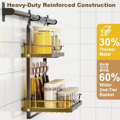 NADAMOO Spice Rack Wall Mount, 2-Tier Kitchen Storage Shelf with Hooks