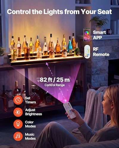 VEVOR LED Lighted Liquor Bottle Display, 3 Tiers 48 inches, Acrylic Illuminated Home Bar Shelf Display with RF Remote & App Control, DIY Setup with Type-C Cables, 9 Static Colors, for 36-48 Bottles