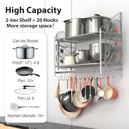VyGrow 28 Inch Pot Rack Wall Mounted, 2 Tier Pots and Pans Organizer with 20 Hooks and 6 Pot Lid Holders, Heavy Duty Steel Pot and Pan Hanger for Kitchen Cookware Utensils Storage, Silver