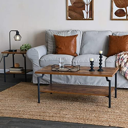 Household Essentials Rustic Hickory Woodgrain Coffee Table with Black Iron Base