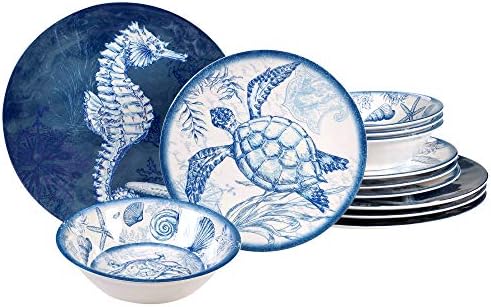 Certified International Oceanic 12 piece Melamine Dinnerware Set, Service for 4, Multi Colored