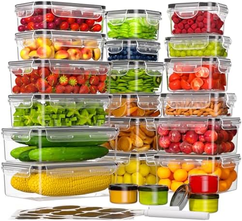 KEMETHY 44-Piece Food Storage Containers with Lids(22 Containers & 22 Lids), Plastic Food Containers for Pantry & Kitchen Storage and Organization, BPA-Free, Leak Proof, Reusable with Labels & Pen