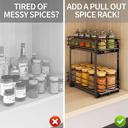 BOIVSHI Spice Rack Organizer for Cabinet, 2 Tier Pull Out Spice Organizer for Cabinet Height Adjustable Heavy Duty Metal Basket for Inside Cabinets & Pantry Closet (5.5''Wx10.5''Dx9.5''H)
