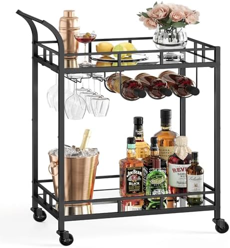 VASAGLE Bar Cart with 2 Mirrored Shelves, Wine Holders, Glass Holders