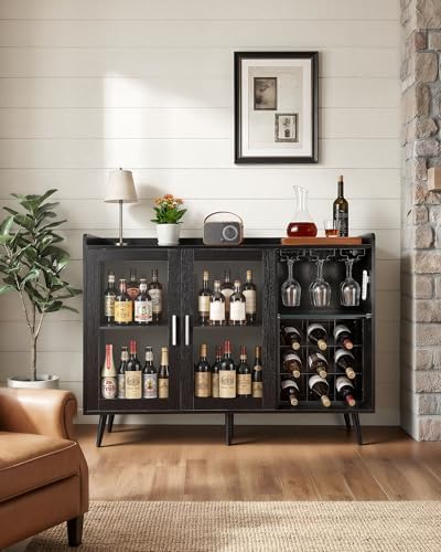 VEVOR Wine Cabinet, Coffee Bar Cabinet with 9 Wine Bottle Racks, Modern Buffet Sideboard with Glass Holder, Adjustable LED Brightness, for Home Kitchen, Living Room, Dining Room, Black Wood Grain