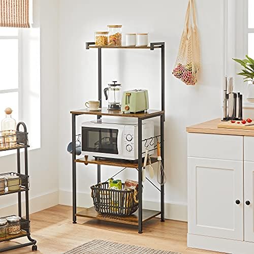 VASAGLE Kitchen Storage, Bakers Rack, Coffee Bar, 3-Tier Shelf, 6 S-Hooks, for Microwave, Spice Jars, Pots and Pans, Industrial, Rustic Brown and Black UKKS023B01