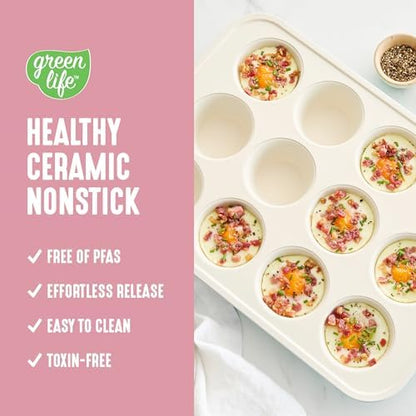 GreenLife 12-Cup Muffin Pan, Healthy Ceramic Nonstick Bakeware, PFOA & PFAS-Free Cupcake Sheet, Durable, Versatile Kitchen Essentials, Easy Clean Muffin Mold, Valentine’s Day gifting, Pink