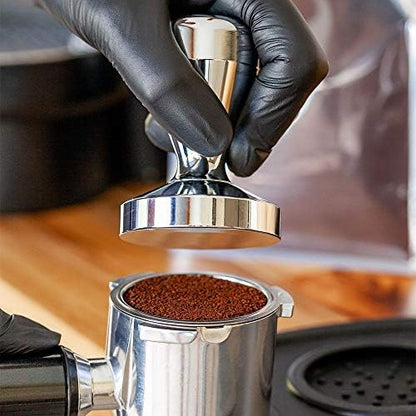 Restaurantware Restpresso 58 Millimeter Espresso Tamper 1 Durable Coffee Tamper - Weighted Base Dishwasher-Safe Silver Stainless Steel Espresso Press Built-In Handle