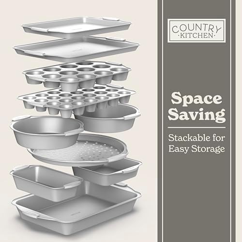 Country Kitchen Nonstick Stackable Bakeware Set - Heavy Duty, Durable, Easy Release Baking Set, Silver, 10 Pcs