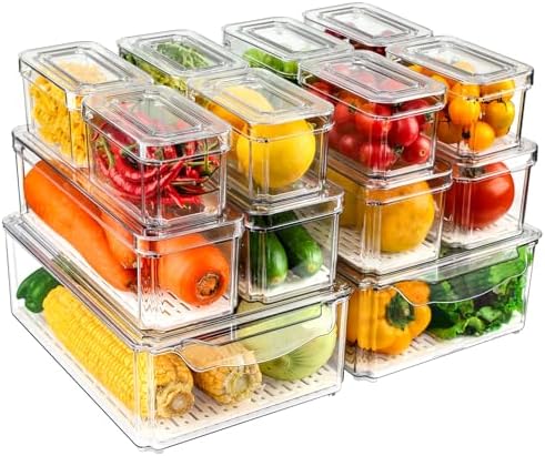 14 Pack Fridge Organizers and Storage - Refrigerator Organizer Bins with Lids, BPA-Free Fridge Organization, Fruit Storage Containers for Fridge, Vegetable, Food, Drinks, Cereals, Clear