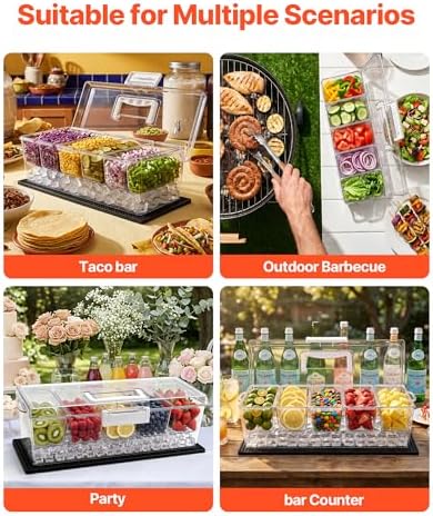 VEVOR Chilled Condiment Server Caddy, 5 Compartment Ice Cooled Serving Container, Plastic Fruit Garnish Tray Platter with Lid, for Taco Salad Bar Accessories, Party Home Restaurant Supplies